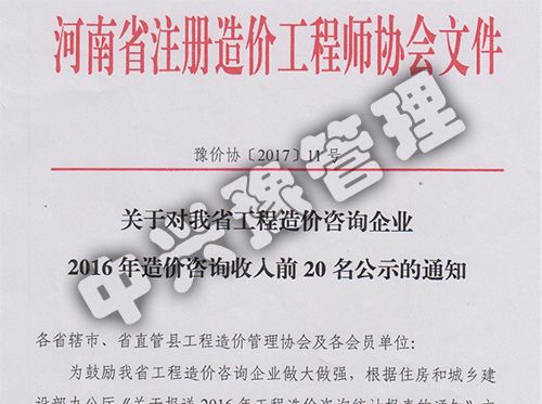 河南省工程造價咨詢企業(yè)收入20強(qiáng)
